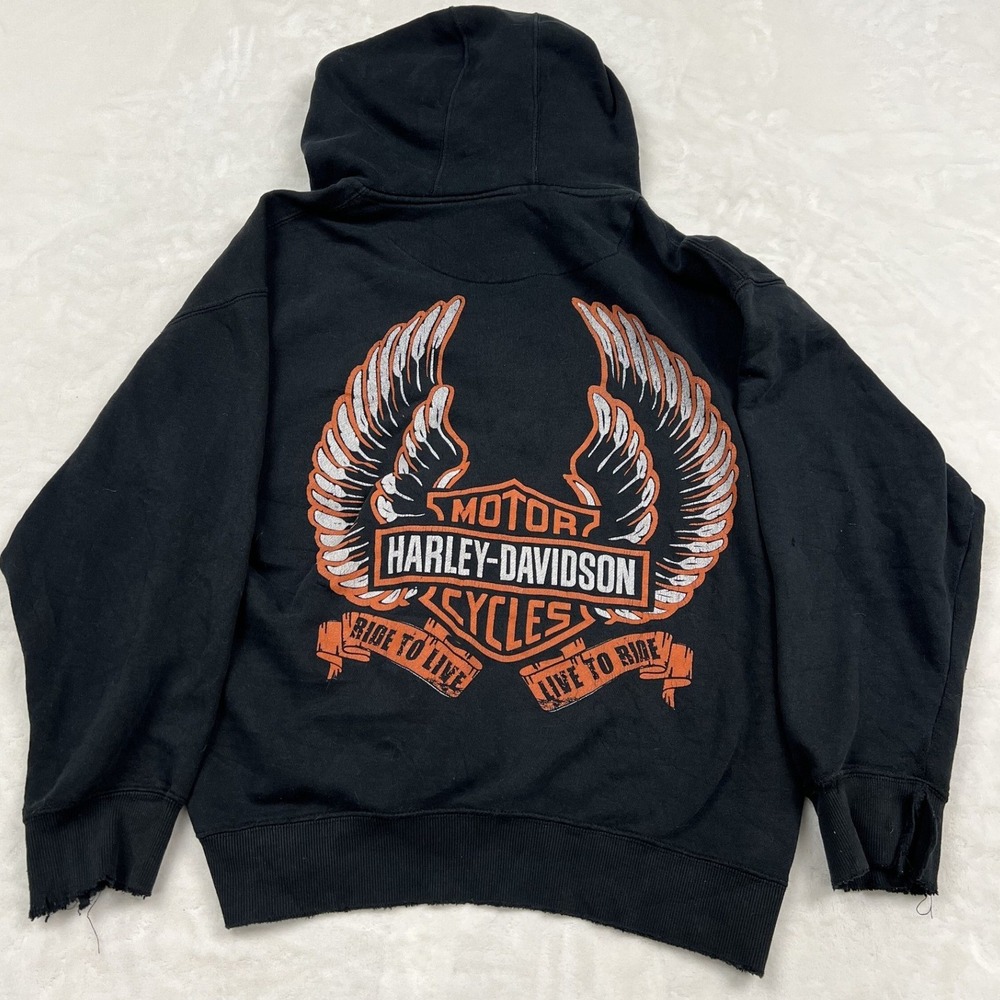 Harley-Davidson Zip Hoodie Mens L Black Distressed Logo Graphic Sweatshirt